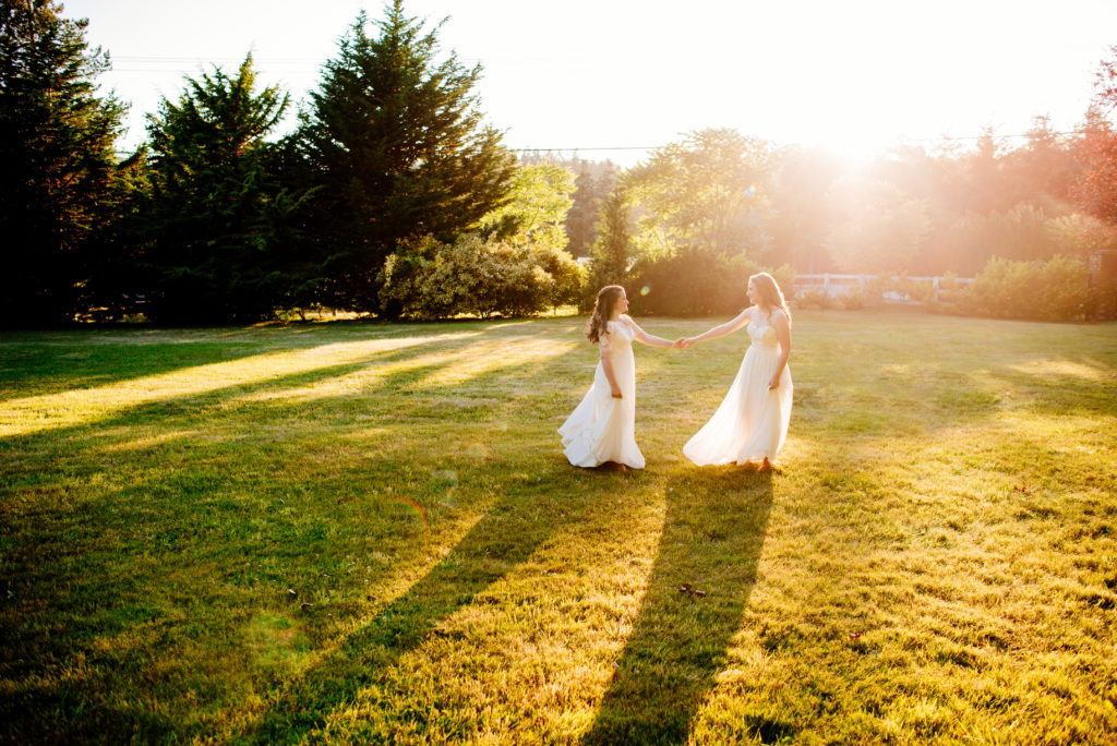 Sunset wedding portraits at Wayfarer Farm on Whidbey Island